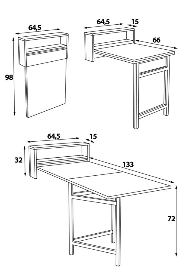 Duvara Monte Siyah Ayaklı Pratik Katlanır Kırma Mutfak ve Beyaz Yemek Masası